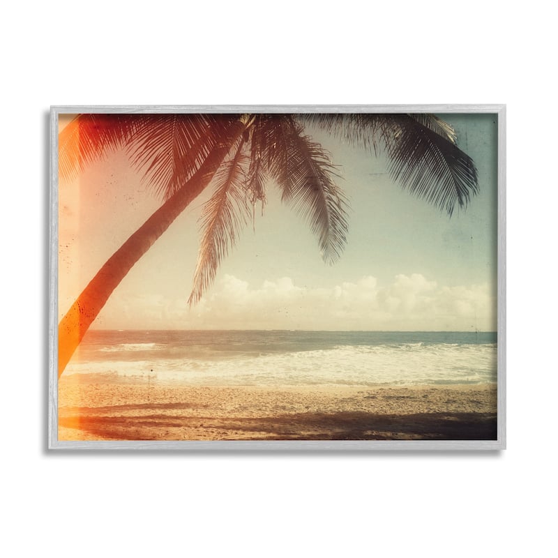 Stupell Vintage Sun Bleached Ocean Scene Hanging Palm Tree Framed Wall Art - 30 x 24 - Grey