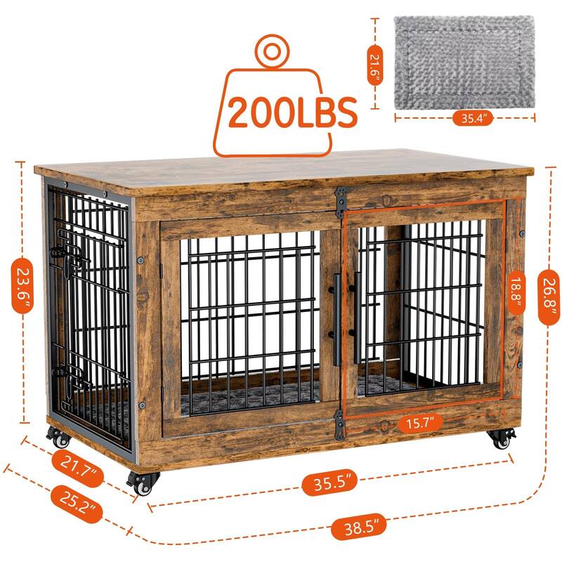 Dog Crate Indoor Heavy Duty Double Doors Wooden Dog Cage with Cushion