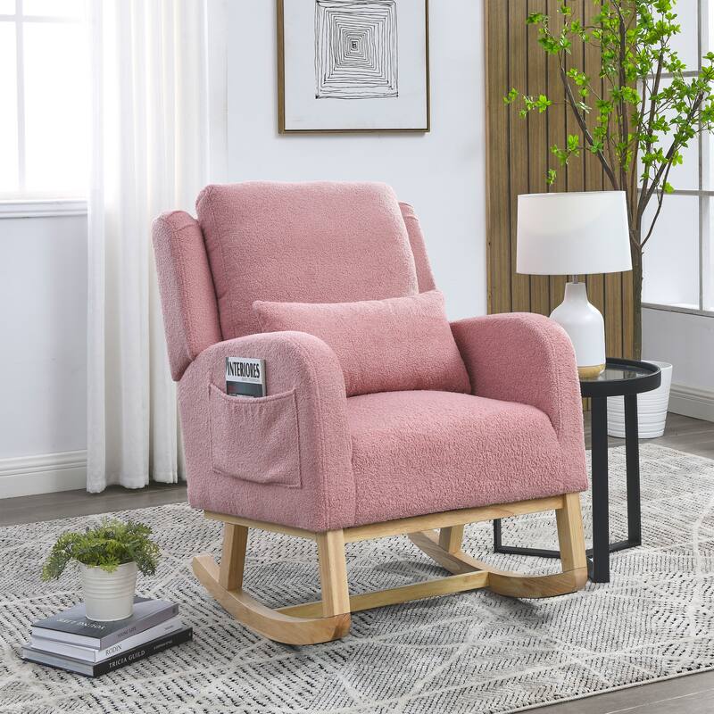 High Back Rocker Accent Chair with Wood Base, One Lumbar Pillow and Two Side Pockets - Pink Teddy
