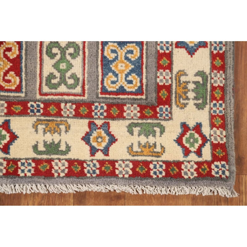 Geometric Grey Kazak Foyer Rug Handmade Wool Carpet - 2'7" x 4'2"