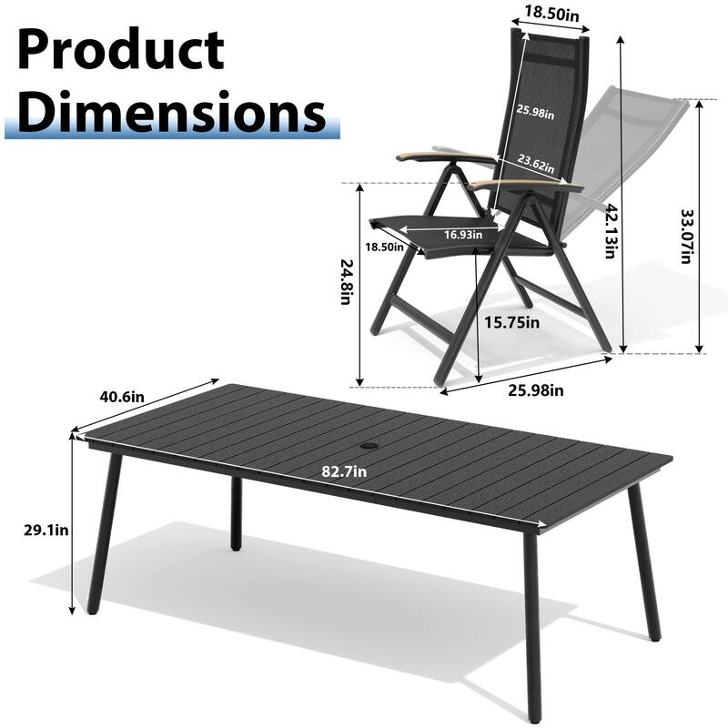 7-Piece Outdoor Patio Dining Set WPC Table Top Alumium Umbrella Hole Table with Folding Teak Armrest Chairs