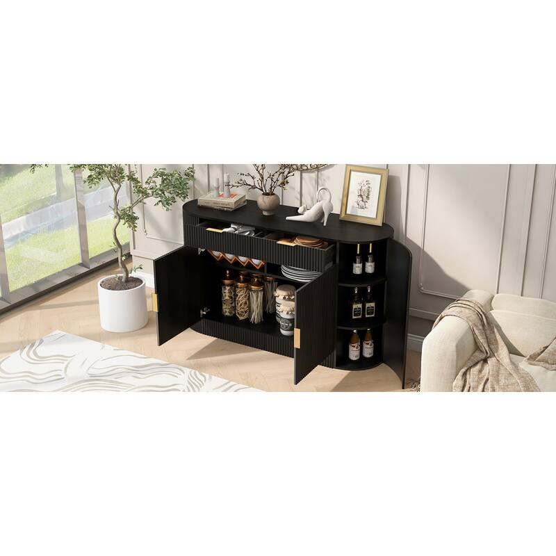 Roomfitters 55.1" Oval Sideboard Buffet Cabinet with 2 Drawers & Wine Rack, Mid-century Modern Fluted Accent for Dining