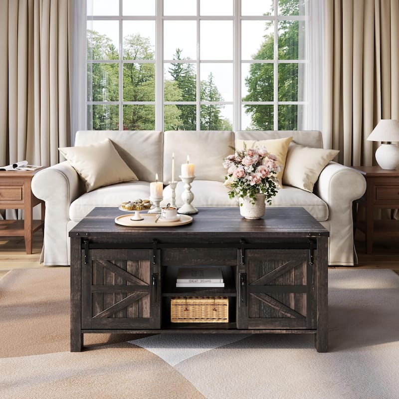 Farmhouse lift-top Coffee Table, Hidden Storage, Rustic Center Table - Black