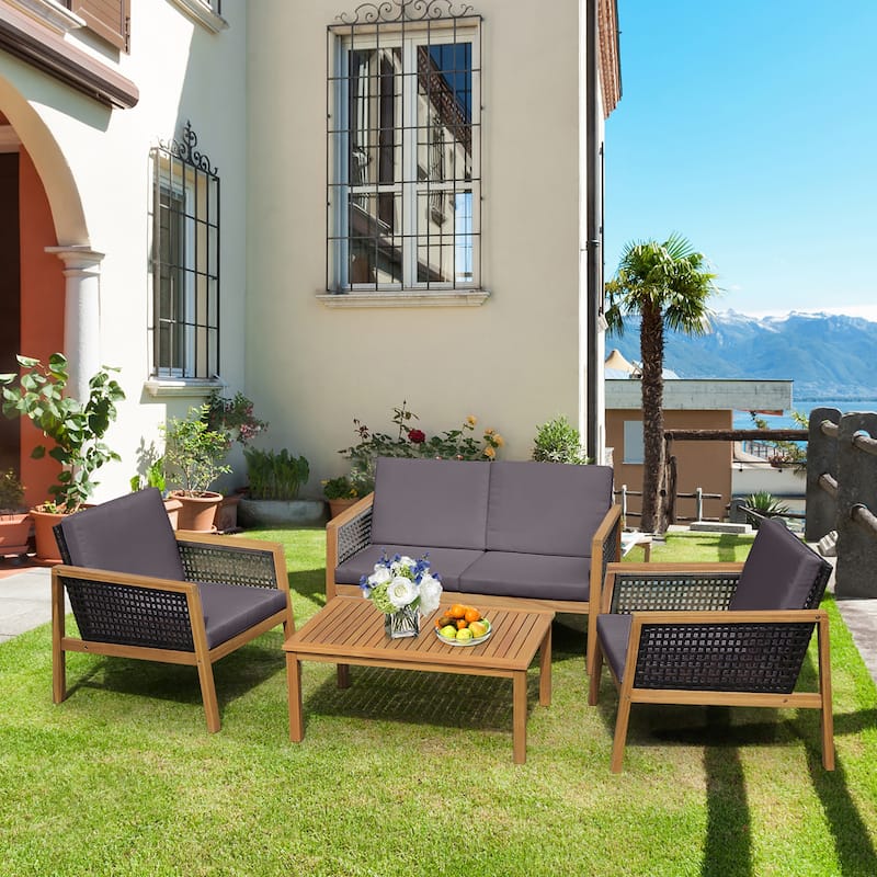 Costway 8PCS Patio Rattan Furniture Set Acacia Wood Cushioned Sofa Off
