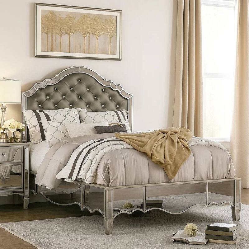 Mila Queen Bed, Carved Button Tufted Faux Leather Upholstery, Mirrored, Silver