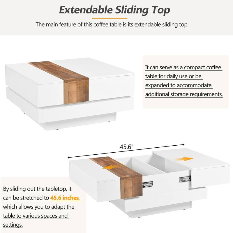 31.4'' Extendable Square Coffee Table, Wood Coffee Table with Storage/Walnut Grain Finish