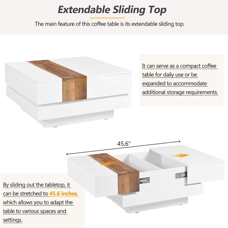 Square Coffee Table with Sliding Tabletop and Hidden Storage