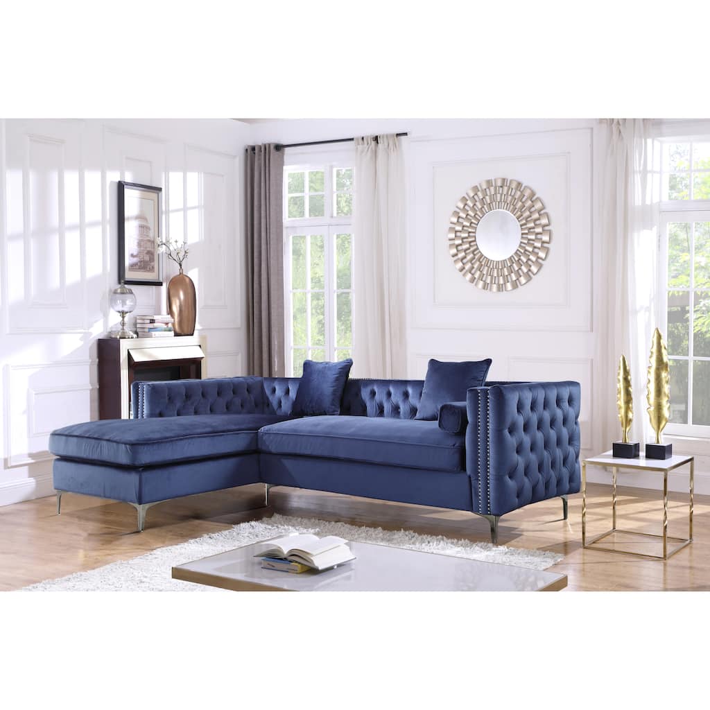 Chic Home Monet Velvet Silver Right Facing Sectional Sofa, Navy