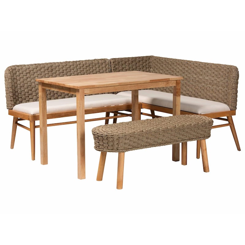 Denver Modern Bohemian Natural Seagrass and Acacia Wood Dining Nook Set - 4-Piece Set
