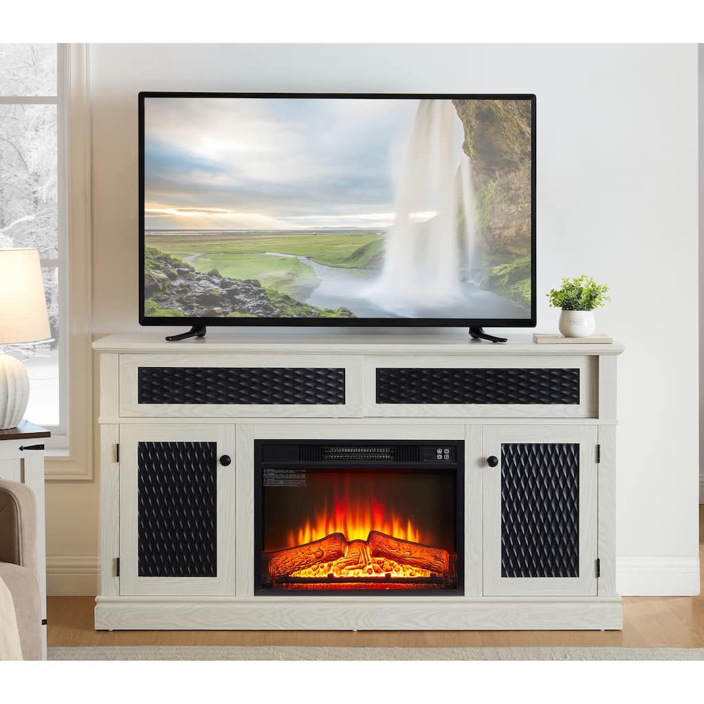 Modern Fireplace TV Stand with Sliding Door, Open and Closed Storage Space, for Living Rooms and Bedrooms, White