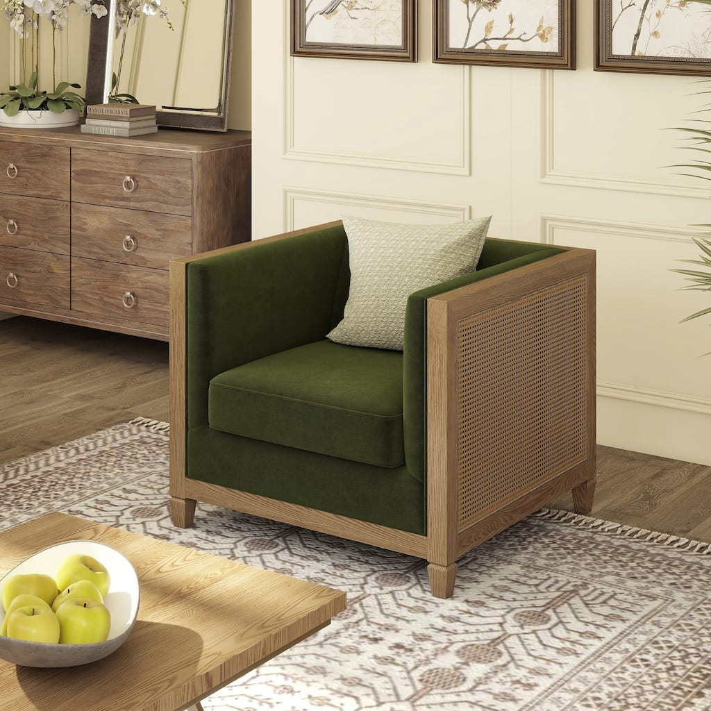 Georgia 34" Oak and Rattan Tuxedo Velvet Armchair