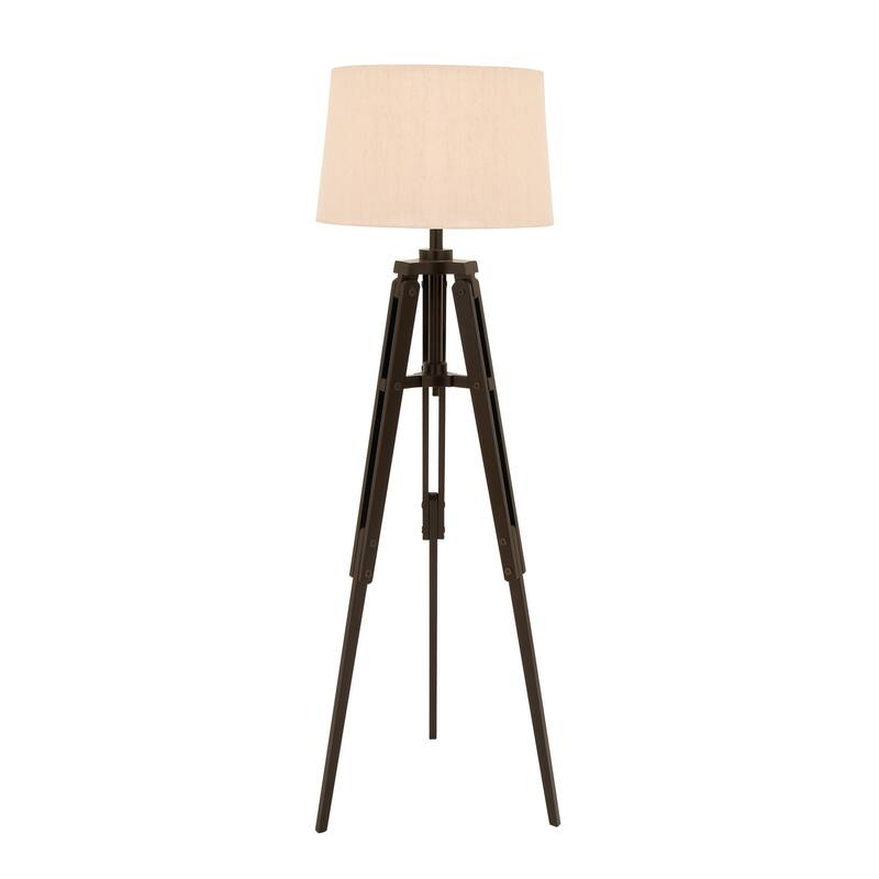 Black Wood Tripod Room Floor Lamp with Cream Linen Shade