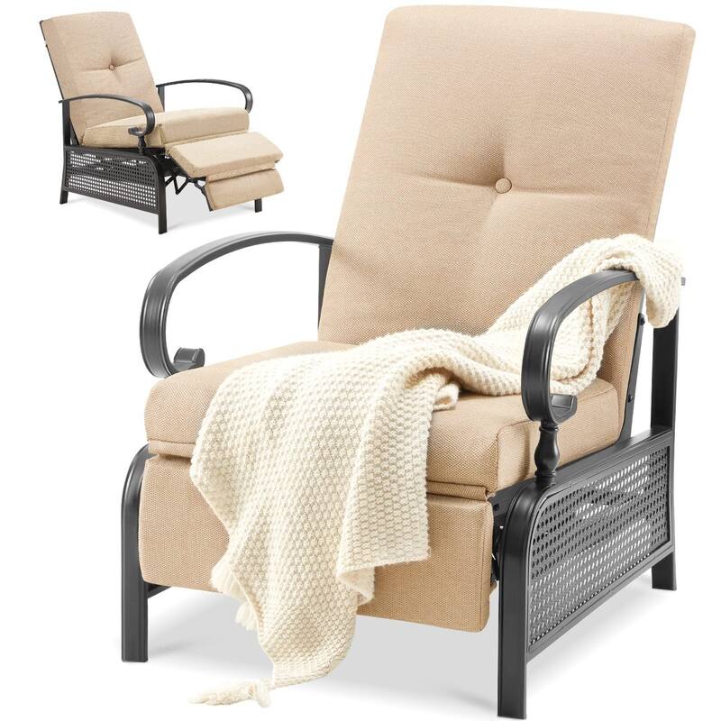 AECOJOY Outdoor Adjustable Cushioned Metal Patio Recliner Lounge Chair - Beige.