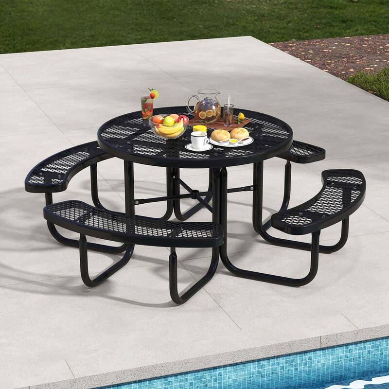 Coated Steel Camping Table Outdoor Round Table & Bench Set for 8