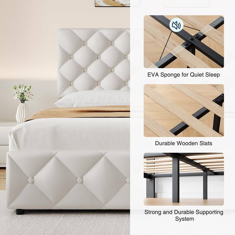 PU Leather Bed Frame with Adjustable Headboard and 4 Storage Drawers