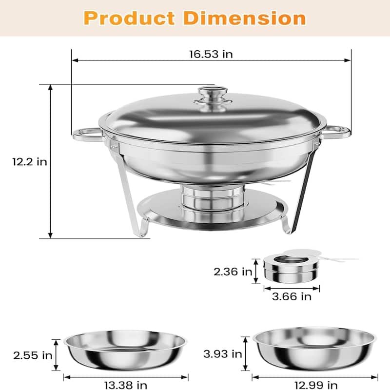 Stainless Steel Fondue and Food Warmer 5QT Round Fondue Buffet Set with Lid Stand Spoon and Tweezers (Silver 4-Pack)