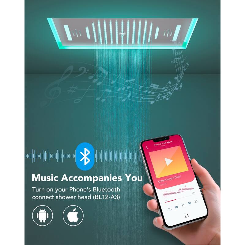 Dual Shower Heads System with 3 Spray Modes 22"*15" Ceiling and 6" Wall Mount Body Jets Handheld Spray LED Music