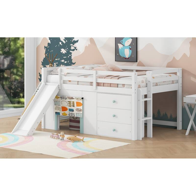 Full Size Low Loft Bed with Slide, 3 Storage Drawers and 2 Doors