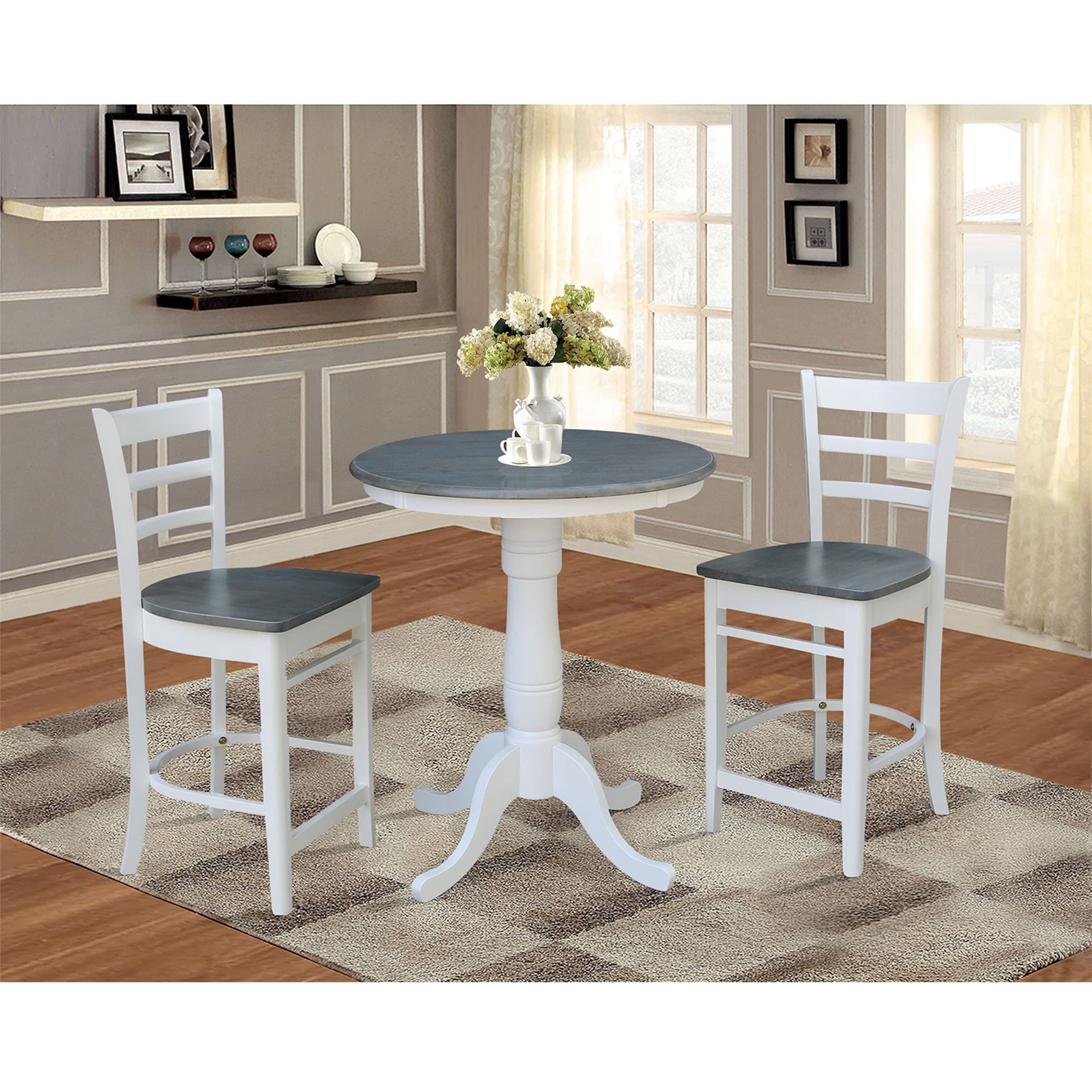 30" Round Pedestal Gathering Height Table With 2 Emily Counter Height Stools - Set of 3 Pieces