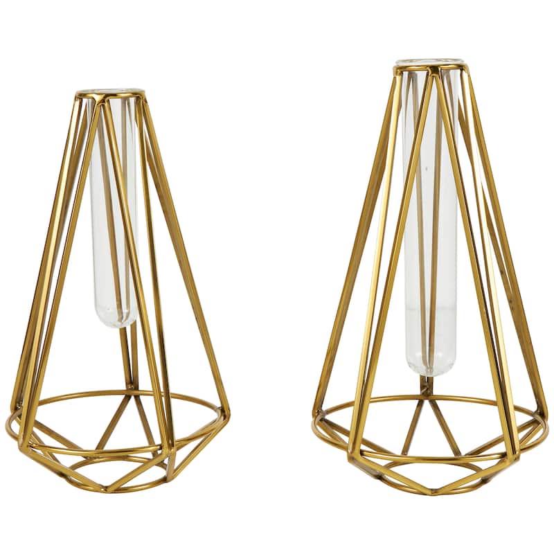 Stainless Steel Metal Geometric Test Tube Vase - Set of 2 Gold - Roche River Decor - 6"W x 6"L x 11"H