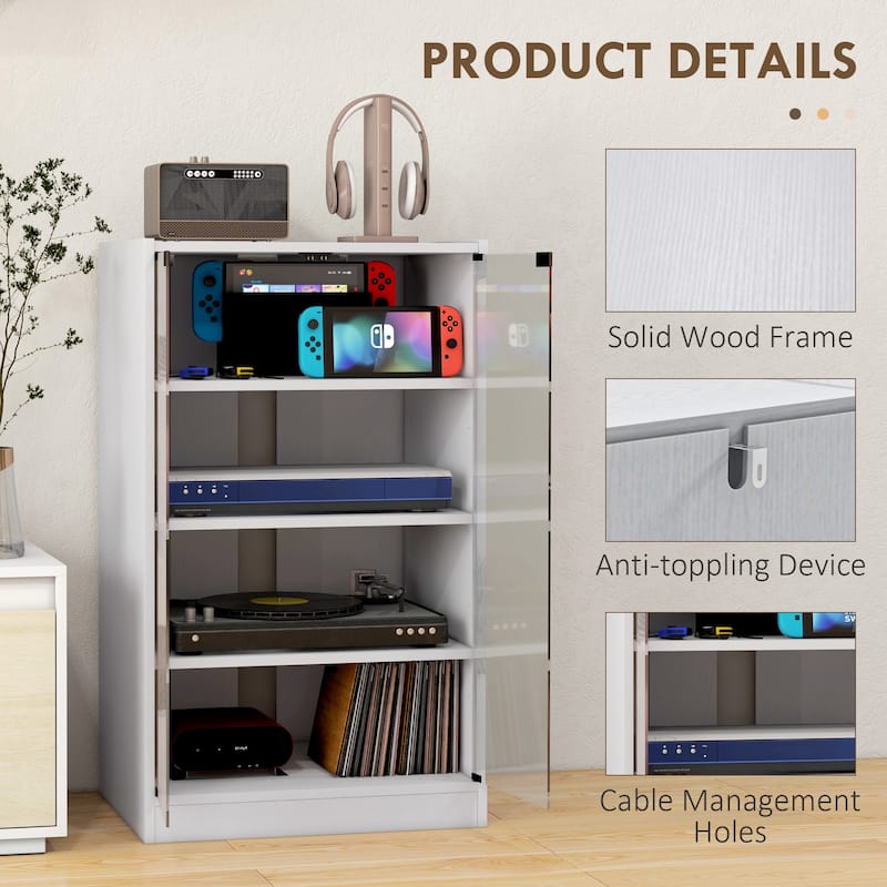 HOMCOM Media Cabinet, 4-Tier Stereo Cabinet, Modern Audio Video Media Stand with Adjustable Shelves, Tempered Glass Doors