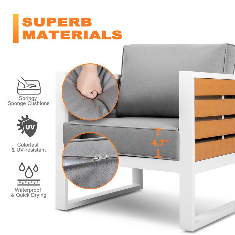 Outdoor Armchair with Cushion and Pillow, All-aluminum, Imitation Wood