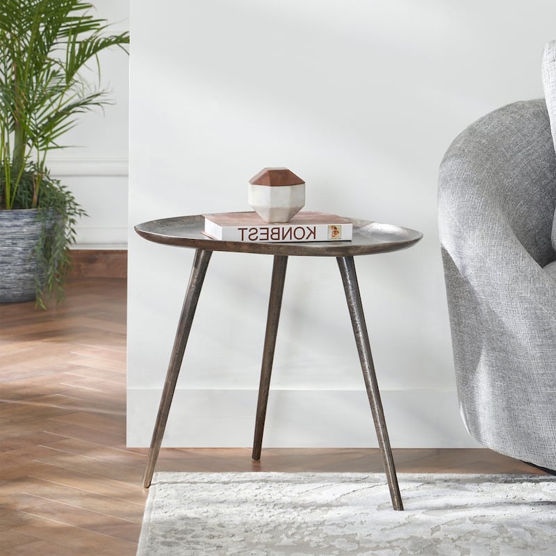 Metal End Table with Rounded Triangular Shape and Three Legs, Handcrafted Aluminum Side Table with Rustic Modern Finish - 20