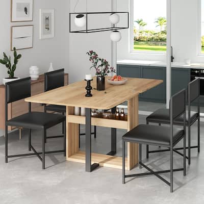 5-Piece Extendable Dining Table Set with Storage Rack and 4 PU Leather Upholstered Dining Chairs