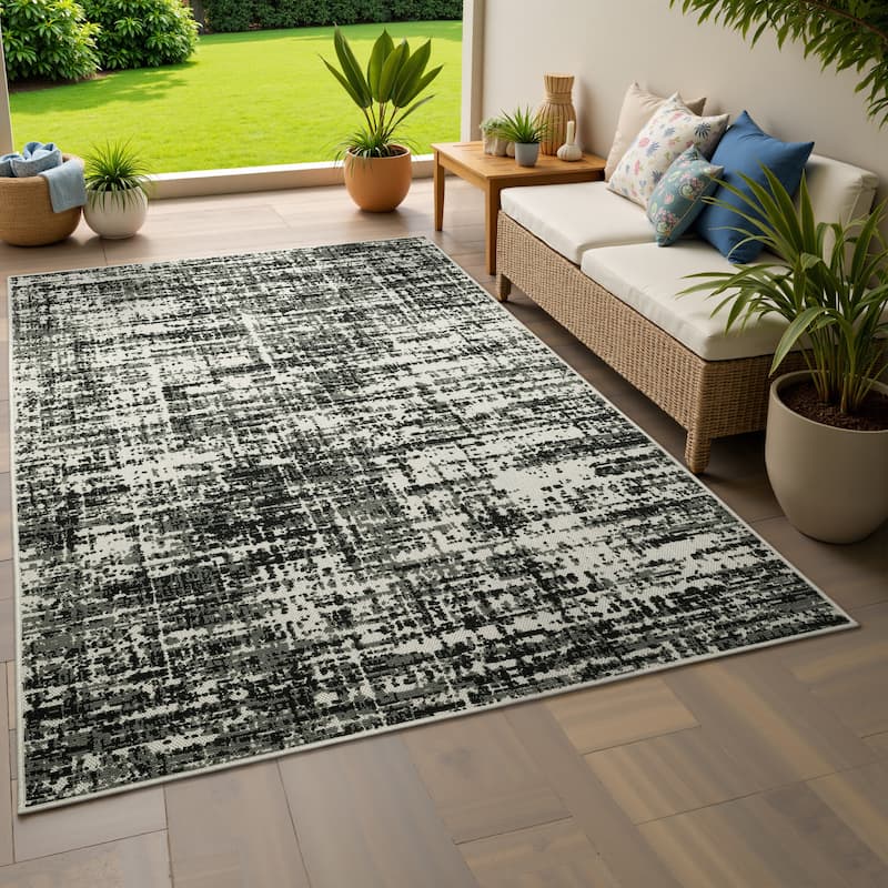 Vista Home Talcot Distressed Abstract Black Indoor-Outdoor Area Rug - 7' 10" x 10' - Rectangle
