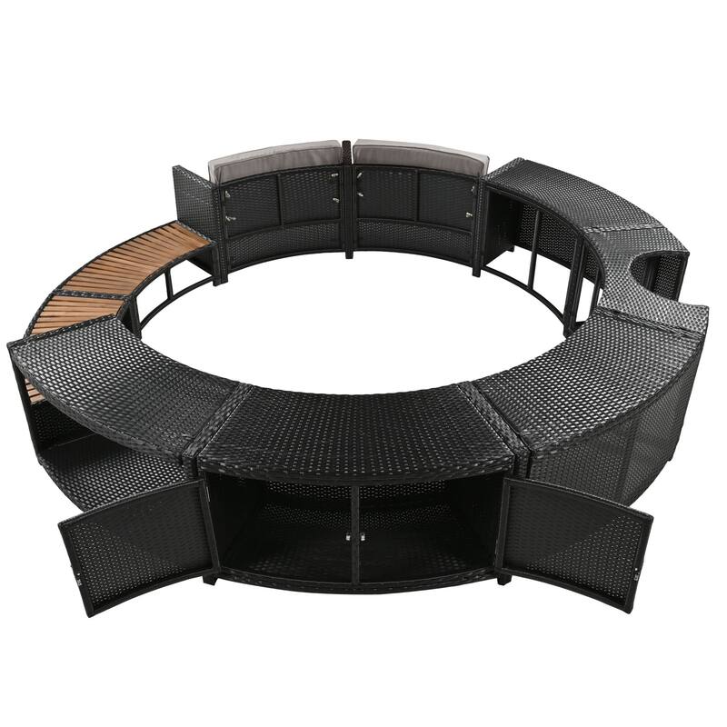 Outdoor Patio Rattan Spa Surround Frame Sofa Set with Storage Spaces, Bench and Cushions