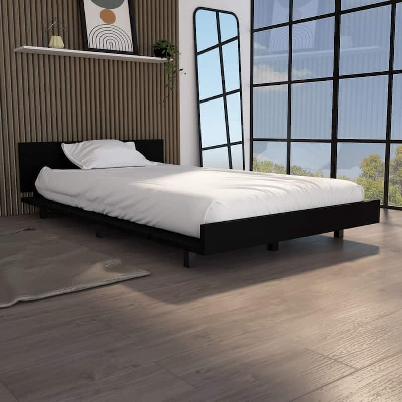 Black Twin Bed Base with Headboard, Easy Assembly, Modern Classic Design