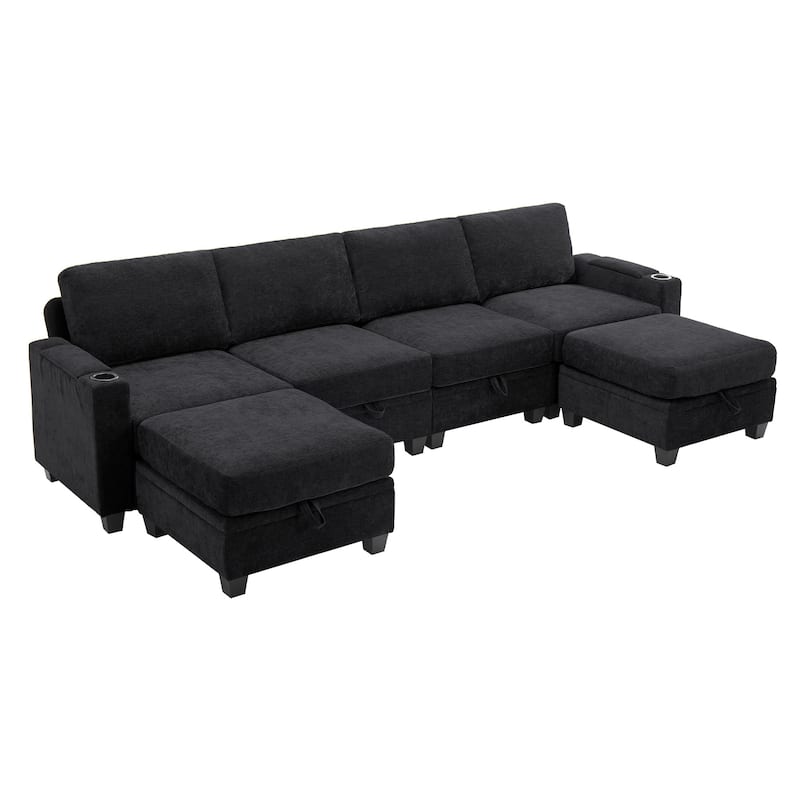 Chenille Sectional Sofa, Hidden Storage & Modular Design - 4-Seater Sofa & 2 Ottomans - Black