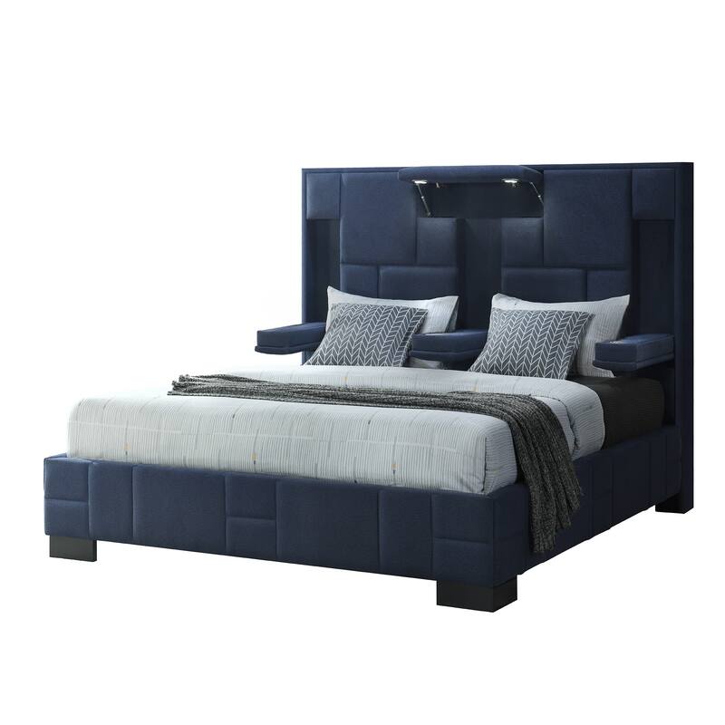 HomeRoots Navy Blue Tufted Upholstered Lighted King Bed Frame
