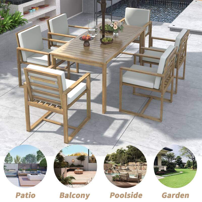 7 Pcs Outdoor Patio Dining Table and Chair Set, All-Weather Patio Furniture Set, Dining Table with Umbrella Hole and 6 Chairs