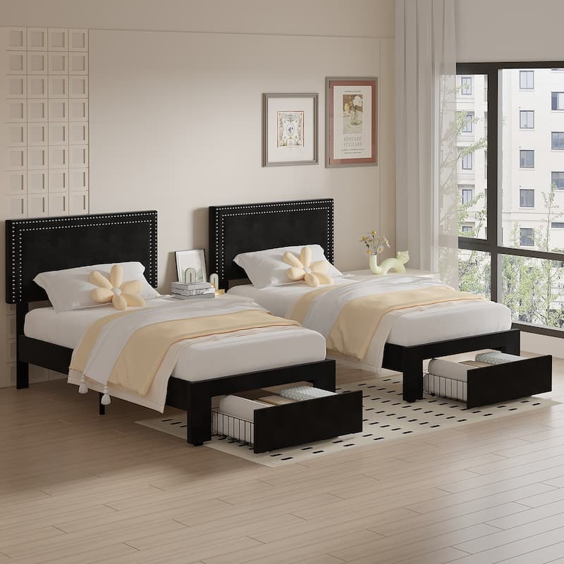 VECELO Set of 2 Twin Beds with Rolling Underbed Drawer Height Adjustable Headboard Rivet-Trimmed Headboard Twin Beds