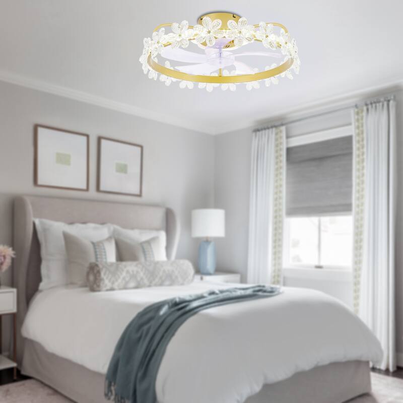 Bella Depot Gold Low Profile Ceiling Fan with Dimmable Light and Remote Control Crystal Flowers for Children