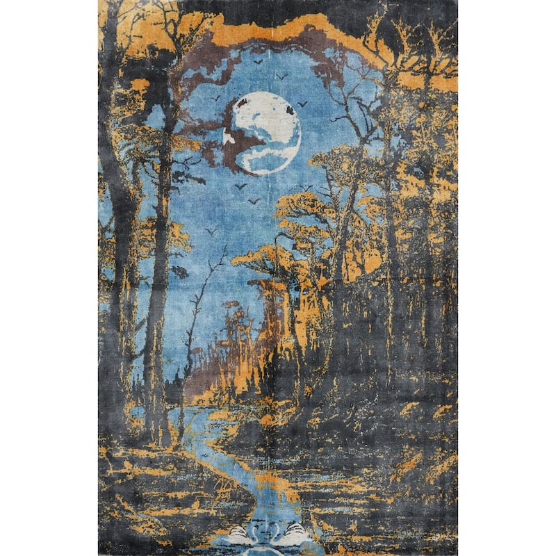 Hand Knotted Oriental Viscose Silk Carpet Modern Animal Pictorial Multi-Colored Abstract Area Rug - 7' 7'' X 5' 6''