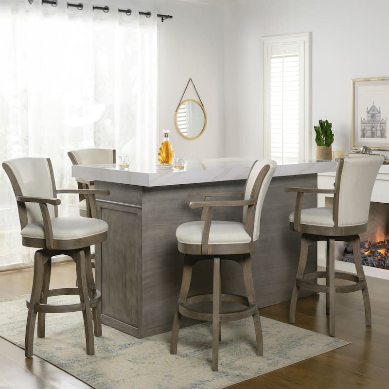 Williams Swivel Upholstered Bar Stool - Counter or Bar Height - 27 or 31 Inch - Solid Oak Wood Frame - Minimal Assembly - Set of 2 - Natural White Linen - Bar Height