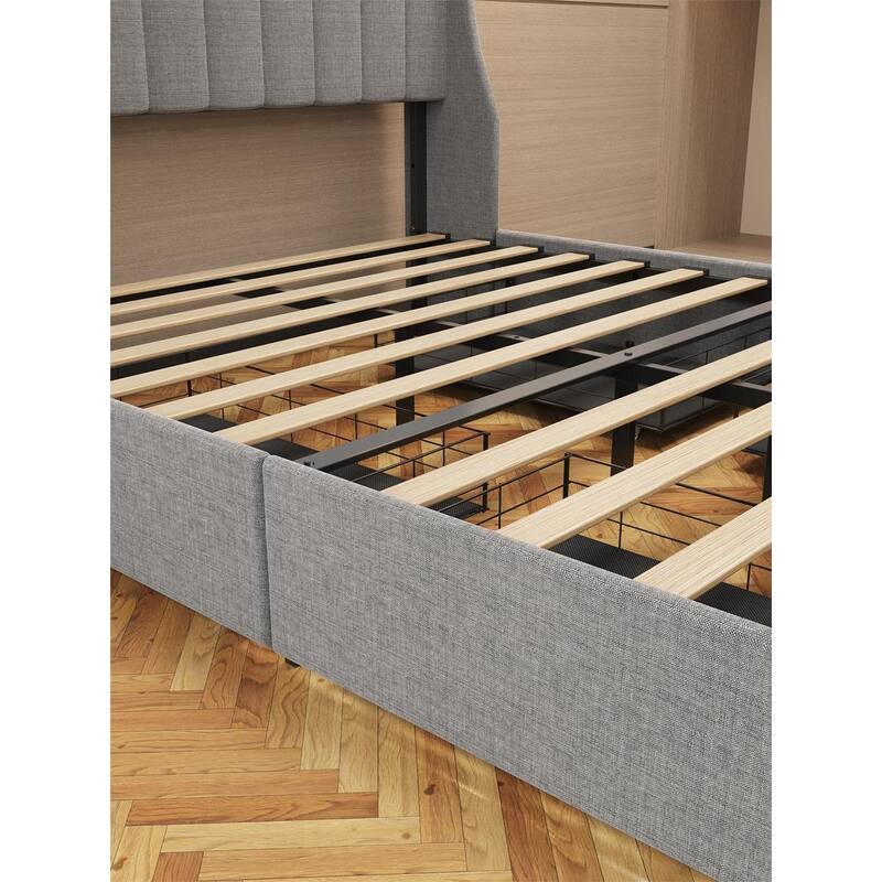 Wingback Headboard Upholstered Platform Bed Frame with 4 Drawer