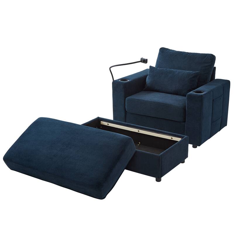 Chenille Modern Chaise Lounge Sofa with Storage Ottoman, USB Ports, Cup Holders and Side Pockets