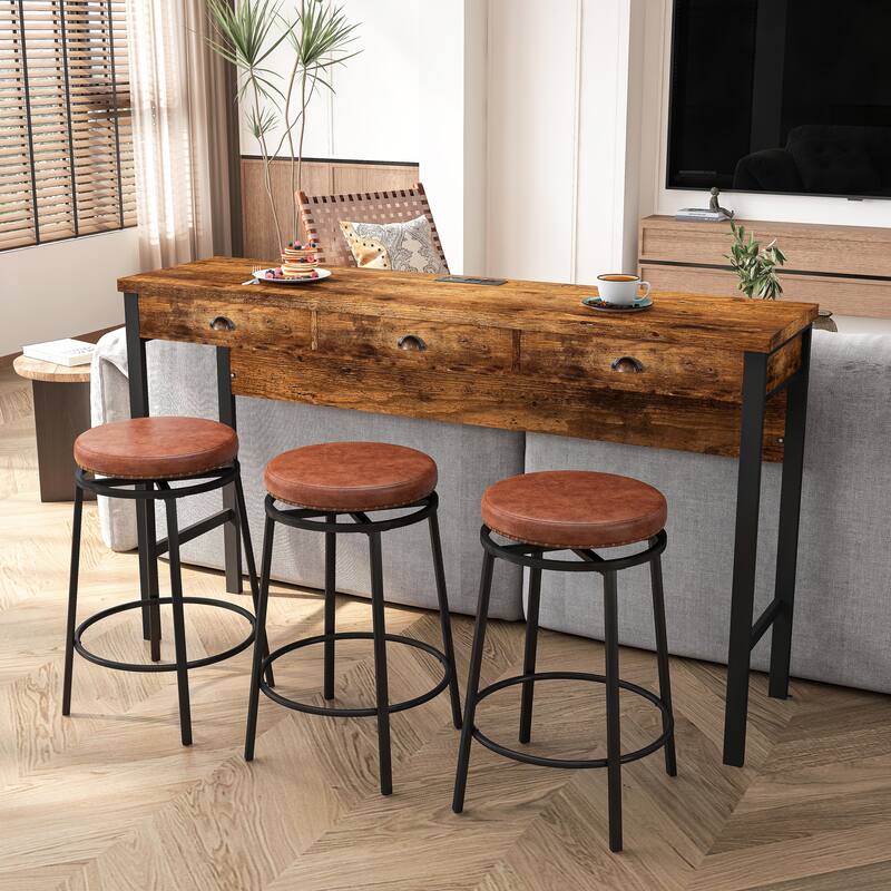 3-Drawer Dining Table Set with Power Outlets and Circular PU Stools
