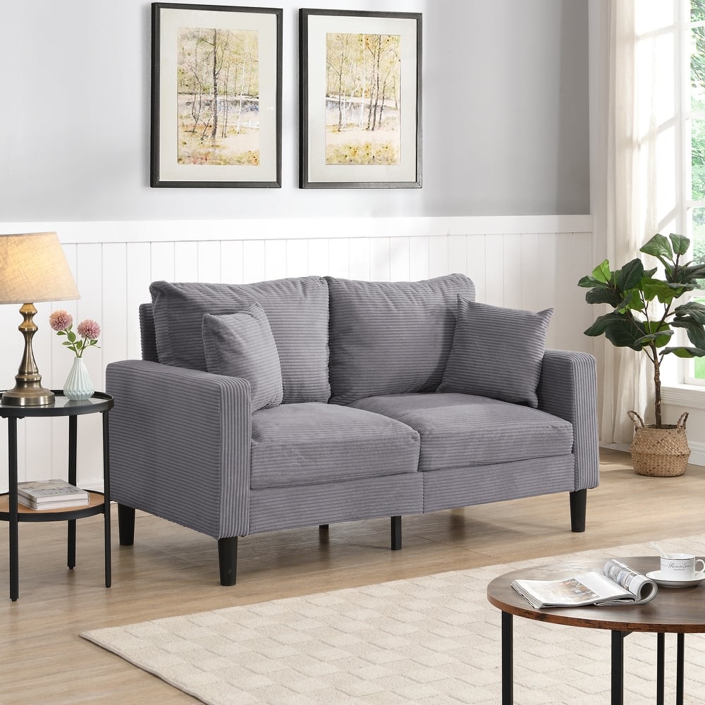 Corduroy High Resilience Loveseat Sofa, Upholstered Couch Settee with Wooden Frame, 2 Seat Sofa with Pillow and Armrest