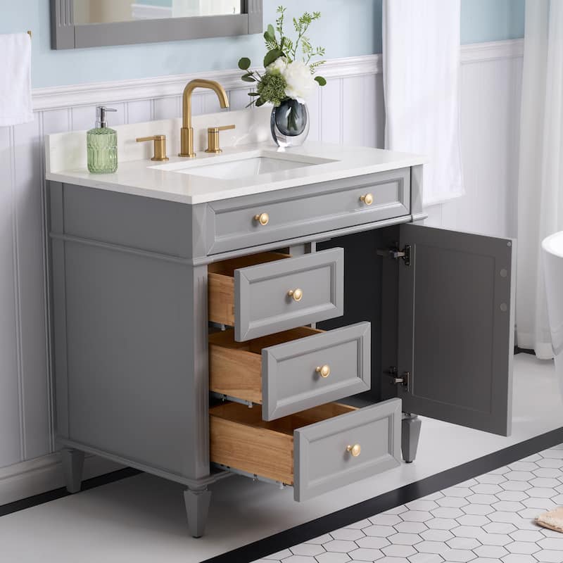 35''H Solid Wood Bath Vanity With Carrera White Quartz Top and Sink