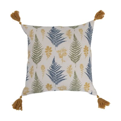 Cotton Pillow with Botanical Print and Tassels