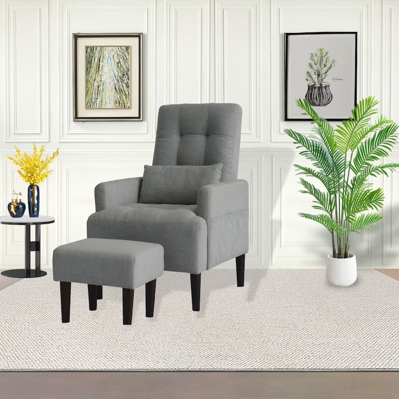 Gray Modern 26.77" High Back Upholstered Multi-Function Buttons Tufted Lounge Chair with Ottoman Set