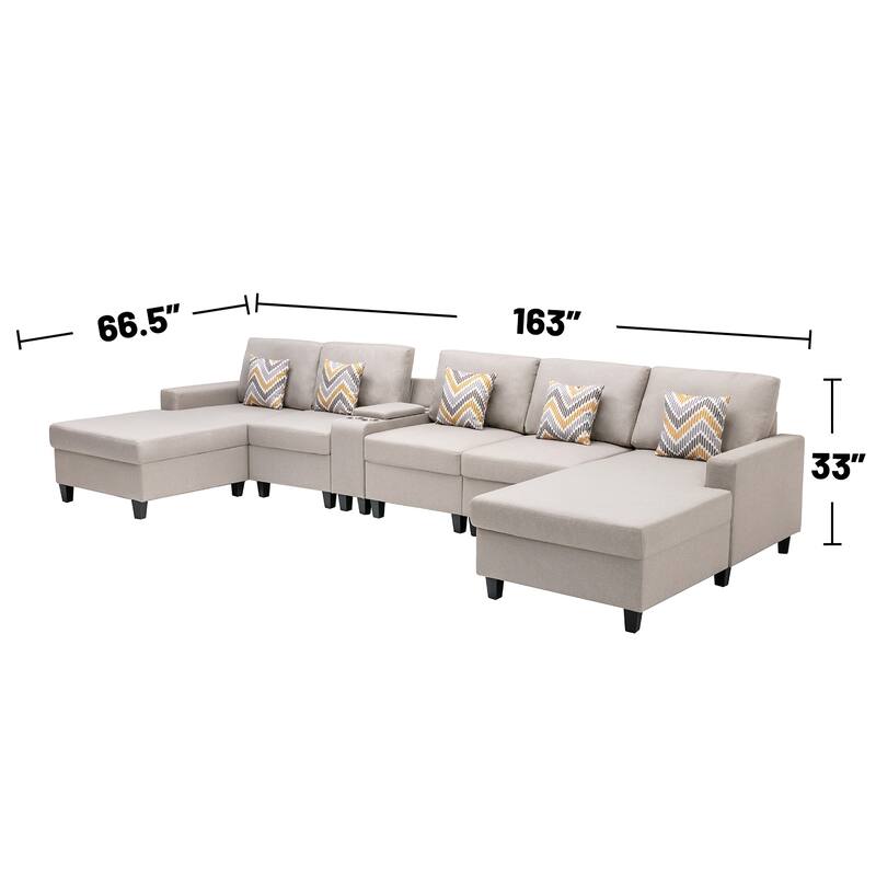 Linen Fabric 6 Piece Double Chaise Sectional Sofa with Storage Console Table and 5 Pillows