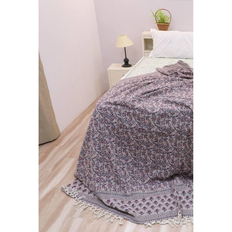 Fabdivine Kamal Dutta Handwoven Cotton Throw Blanket - Floral Block Print, Cozy Sofa & Bed Accent with Natural Fringe, 90"x54"