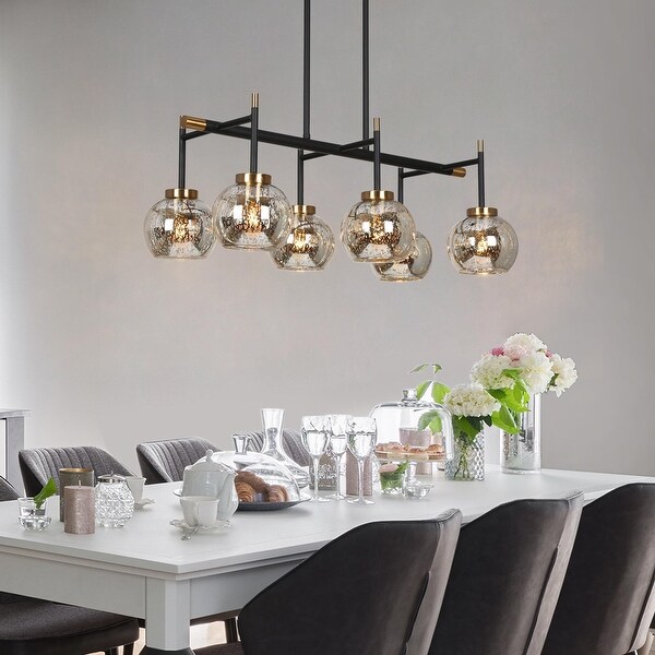 Modern Farmhouse 6 Light Glass Linear Chandelier Black Gold Kitchen Island Lights 27.5 L x 14.5 W x 10 H