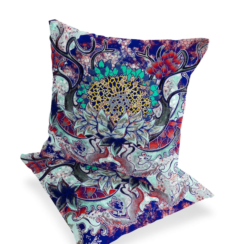 HomeRoots Set of Two 16" X 16" Blue and Green Blown Seam Floral Indoor Outdoor Throw Pillow - 16.00' X '16.00' X '5.00