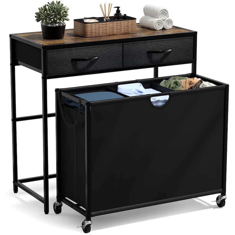 Sorbus Dresser with 3 Section Laundry Hamper Pull-Out with Wheels and 2 Drawers Laundry Room Organization - Brown